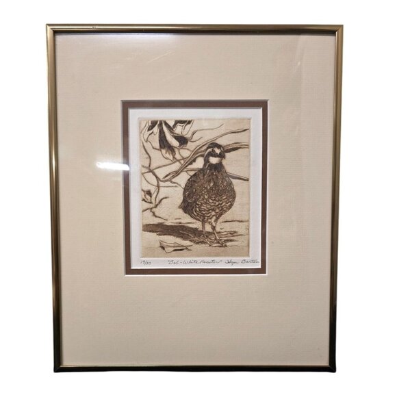 LE Etching Print "Bob-White Rooster" Hope Barton 19/30 Gold Metal Frame Matted - Picture 1 of 5